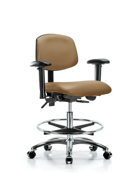 Vinyl Chair Chrome - Medium Bench Height with Seat Tilt, Adjustable Arms, Chrome Foot Ring, & Casters in Taupe Trailblazer Vinyl - VMBCH-CR-T1-A1-CF-CC-8584