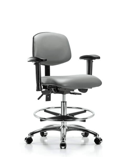 Vinyl Chair Chrome - Medium Bench Height with Seat Tilt, Adjustable Arms, Chrome Foot Ring, & Casters in Sterling Supernova Vinyl - VMBCH-CR-T1-A1-CF-CC-8840