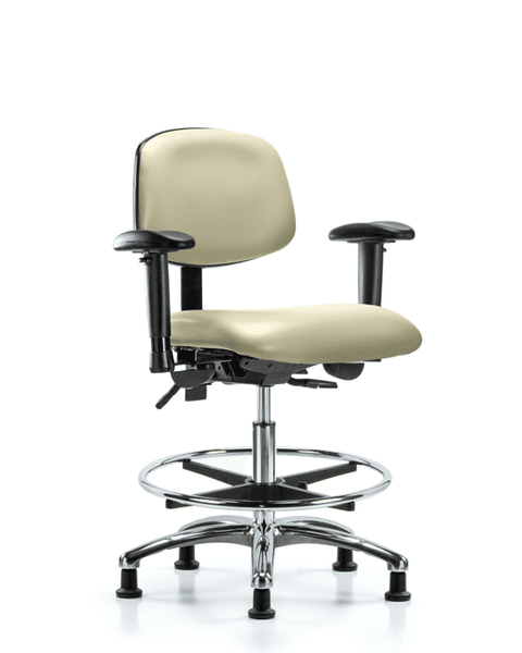 Vinyl Chair Chrome - Medium Bench Height with Seat Tilt, Adjustable Arms, Chrome Foot Ring, & Casters in Adobe White Trailblazer Vinyl - VMBCH-CR-T1-A1-CF-RG-8501