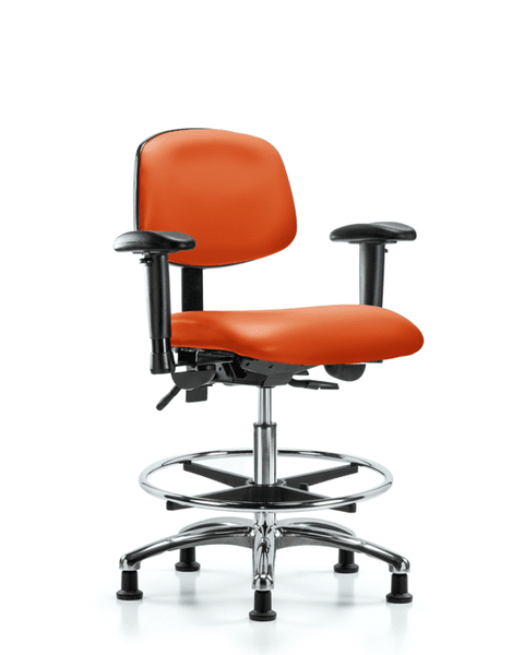 Vinyl Chair Chrome - Medium Bench Height with Seat Tilt, Adjustable Arms, Chrome Foot Ring, & Casters in Orange Kist Trailblazer Vinyl - VMBCH-CR-T1-A1-CF-RG-8613