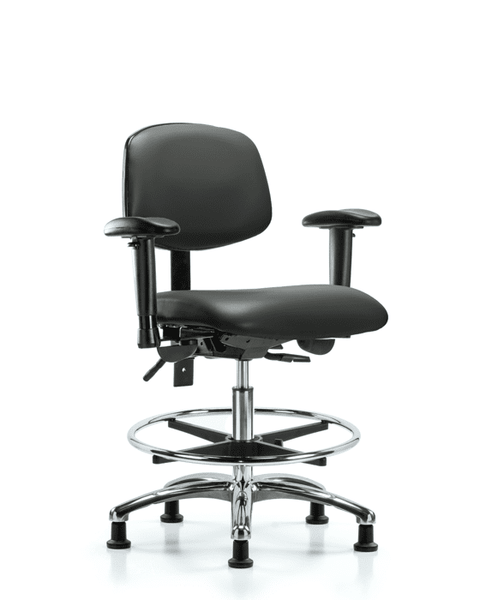 Vinyl Chair Chrome - Medium Bench Height with Seat Tilt, Adjustable Arms, Chrome Foot Ring, & Casters in Carbon Supernova Vinyl - VMBCH-CR-T1-A1-CF-RG-8823