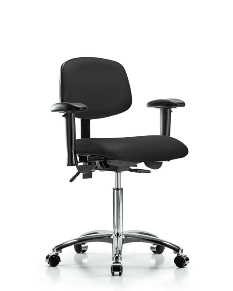 Vinyl Chair Chrome - Medium Bench Height with Seat Tilt, Adjustable Arms, & Casters in Black Trailblazer Vinyl - VMBCH-CR-T1-A1-NF-CC-8540