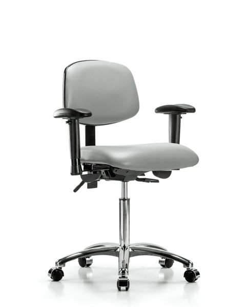 Vinyl Chair Chrome - Medium Bench Height with Seat Tilt, Adjustable Arms, & Casters in Dove Trailblazer Vinyl - VMBCH-CR-T1-A1-NF-CC-8567