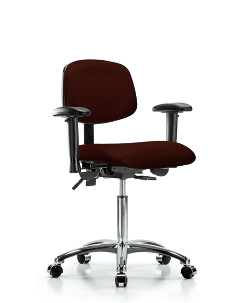 Vinyl Chair Chrome - Medium Bench Height with Seat Tilt, Adjustable Arms, & Casters in Burgundy Trailblazer Vinyl - VMBCH-CR-T1-A1-NF-CC-8569