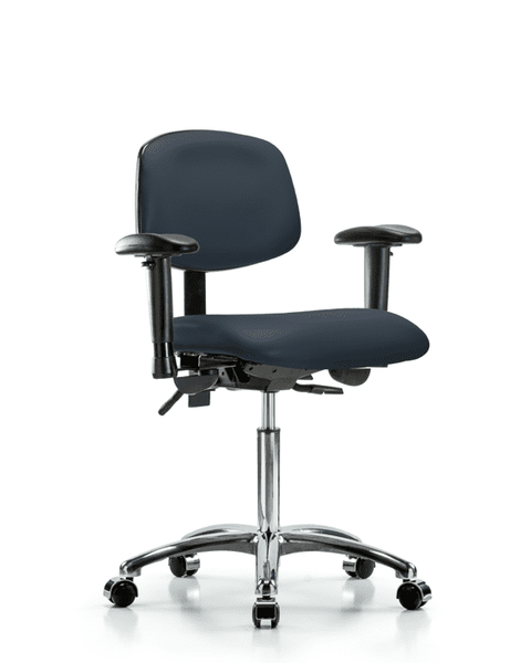 Vinyl Chair Chrome - Medium Bench Height with Seat Tilt, Adjustable Arms, & Casters in Imperial Blue Trailblazer Vinyl - VMBCH-CR-T1-A1-NF-CC-8582