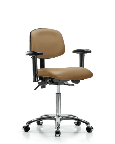 Vinyl Chair Chrome - Medium Bench Height with Seat Tilt, Adjustable Arms, & Casters in Taupe Trailblazer Vinyl - VMBCH-CR-T1-A1-NF-CC-8584