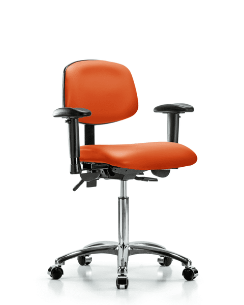 Vinyl Chair Chrome - Medium Bench Height with Seat Tilt, Adjustable Arms, & Casters in Orange Kist Trailblazer Vinyl - VMBCH-CR-T1-A1-NF-CC-8613