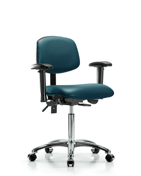 Vinyl Chair Chrome - Medium Bench Height with Seat Tilt, Adjustable Arms, & Casters in Marine Blue Supernova Vinyl - VMBCH-CR-T1-A1-NF-CC-8801