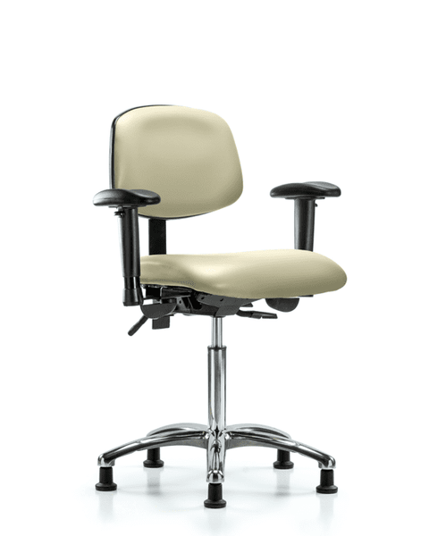 Vinyl Chair Chrome - Medium Bench Height with Seat Tilt, Adjustable Arms, & Stationary Glides in Adobe White Trailblazer Vinyl - VMBCH-CR-T1-A1-NF-RG-8501
