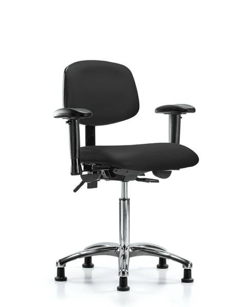 Vinyl Chair Chrome - Medium Bench Height with Seat Tilt, Adjustable Arms, & Stationary Glides in Black Trailblazer Vinyl - VMBCH-CR-T1-A1-NF-RG-8540