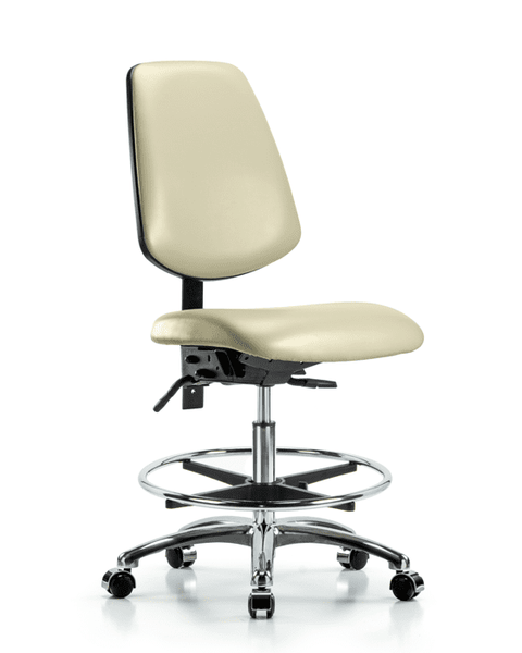 Vinyl Chair Chrome - Medium Bench Height with Medium Back, Chrome Foot Ring, & Casters in Adobe White Trailblazer Vinyl - VMBCH-MB-CR-T0-A0-CF-CC-8501