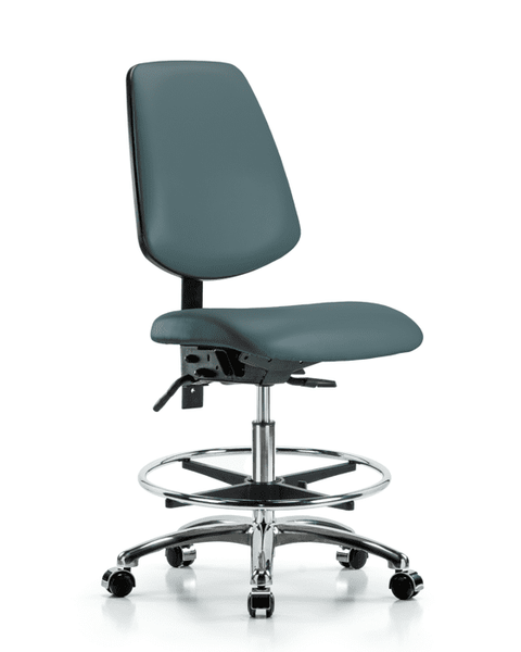 Vinyl Chair Chrome - Medium Bench Height with Medium Back, Chrome Foot Ring, & Casters in Colonial Blue Trailblazer Vinyl - VMBCH-MB-CR-T0-A0-CF-CC-8546