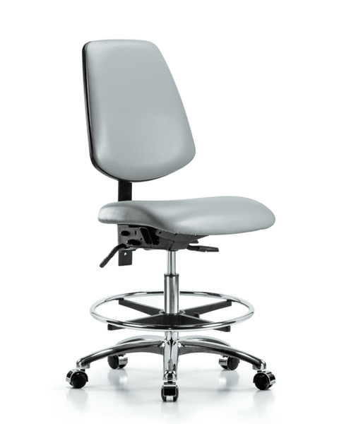 Vinyl Chair Chrome - Medium Bench Height with Medium Back, Chrome Foot Ring, & Casters in Dove Trailblazer Vinyl - VMBCH-MB-CR-T0-A0-CF-CC-8567