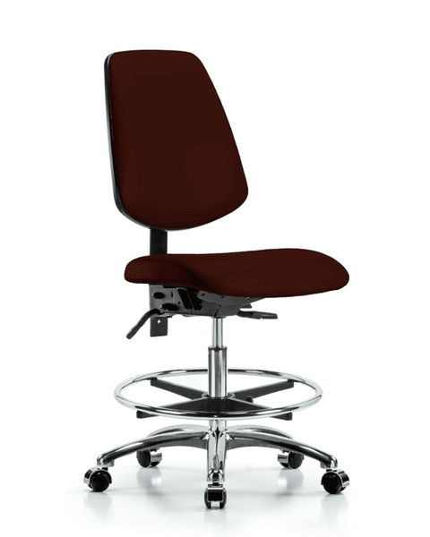 Vinyl Chair Chrome - Medium Bench Height with Medium Back, Chrome Foot Ring, & Casters in Burgundy Trailblazer Vinyl - VMBCH-MB-CR-T0-A0-CF-CC-8569