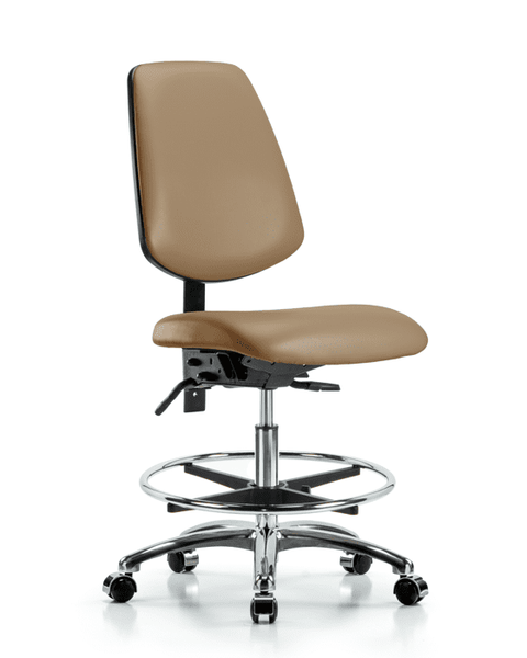 Vinyl Chair Chrome - Medium Bench Height with Medium Back, Chrome Foot Ring, & Casters in Taupe Trailblazer Vinyl - VMBCH-MB-CR-T0-A0-CF-CC-8584