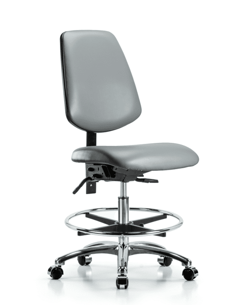 Vinyl Chair Chrome - Medium Bench Height with Medium Back, Chrome Foot Ring, & Casters in Sterling Supernova Vinyl - VMBCH-MB-CR-T0-A0-CF-CC-8840