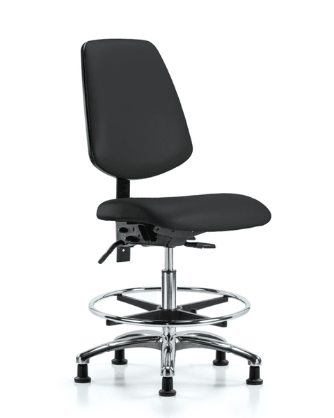Vinyl Chair Chrome - Medium Bench Height with Medium Back, Chrome Foot Ring, & Stationary Glides in Black Trailblazer Vinyl - VMBCH-MB-CR-T0-A0-CF-RG-8540