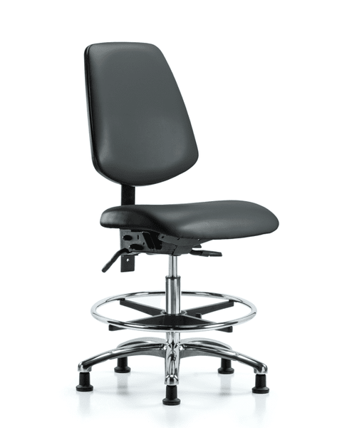 Vinyl Chair Chrome - Medium Bench Height with Medium Back, Chrome Foot Ring, & Stationary Glides in Carbon Supernova Vinyl - VMBCH-MB-CR-T0-A0-CF-RG-8823