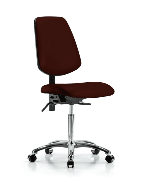Vinyl Chair Chrome - Medium Bench Height with Medium Back & Casters in Burgundy Trailblazer Vinyl - VMBCH-MB-CR-T0-A0-NF-CC-8569