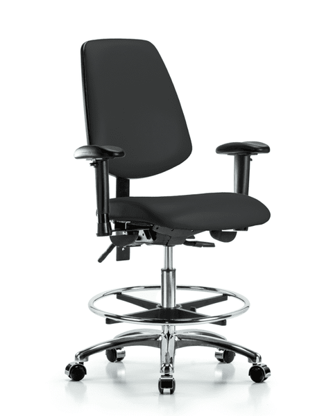 Vinyl Chair Chrome - Medium Bench Height with Medium Back, Adjustable Arms, Chrome Foot Ring, & Casters in Black Trailblazer Vinyl - VMBCH-MB-CR-T0-A1-CF-CC-8540