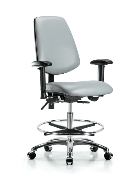 Vinyl Chair Chrome - Medium Bench Height with Medium Back, Adjustable Arms, Chrome Foot Ring, & Casters in Dove Trailblazer Vinyl - VMBCH-MB-CR-T0-A1-CF-CC-8567