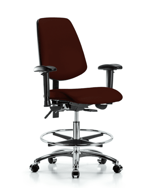 Vinyl Chair Chrome - Medium Bench Height with Medium Back, Adjustable Arms, Chrome Foot Ring, & Casters in Burgundy Trailblazer Vinyl - VMBCH-MB-CR-T0-A1-CF-CC-8569
