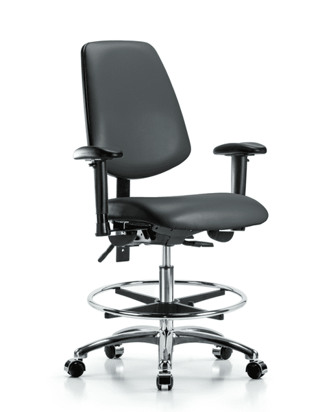 Vinyl Chair Chrome - Medium Bench Height with Medium Back, Adjustable Arms, Chrome Foot Ring, & Casters in Carbon Supernova Vinyl - VMBCH-MB-CR-T0-A1-CF-CC-8823