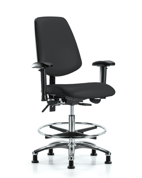 Vinyl Chair Chrome - Medium Bench Height with Medium Back, Adjustable Arms, Chrome Foot Ring, & Stationary Glides in Black Trailblazer Vinyl - VMBCH-MB-CR-T0-A1-CF-RG-8540