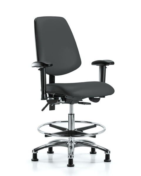 Vinyl Chair Chrome - Medium Bench Height with Medium Back, Adjustable Arms, Chrome Foot Ring, & Stationary Glides in Charcoal Trailblazer Vinyl - VMBCH-MB-CR-T0-A1-CF-RG-8605