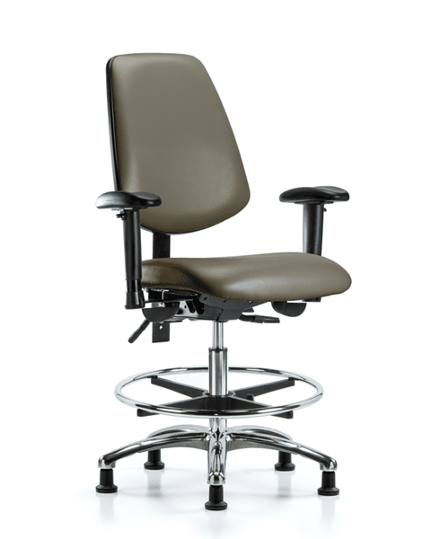 Vinyl Chair Chrome - Medium Bench Height with Medium Back, Adjustable Arms, Chrome Foot Ring, & Stationary Glides in Taupe Supernova Vinyl - VMBCH-MB-CR-T0-A1-CF-RG-8809