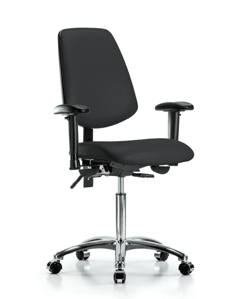 Vinyl Chair Chrome - Medium Bench Height with Medium Back, Adjustable Arms, & Casters in Black Trailblazer Vinyl - VMBCH-MB-CR-T0-A1-NF-CC-8540