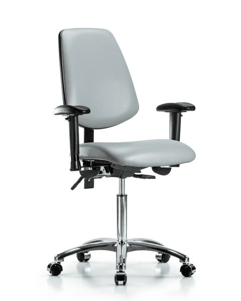 Vinyl Chair Chrome - Medium Bench Height with Medium Back, Adjustable Arms, & Casters in Dove Trailblazer Vinyl - VMBCH-MB-CR-T0-A1-NF-CC-8567