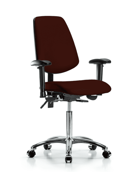 Vinyl Chair Chrome - Medium Bench Height with Medium Back, Adjustable Arms, & Casters in Burgundy Trailblazer Vinyl - VMBCH-MB-CR-T0-A1-NF-CC-8569