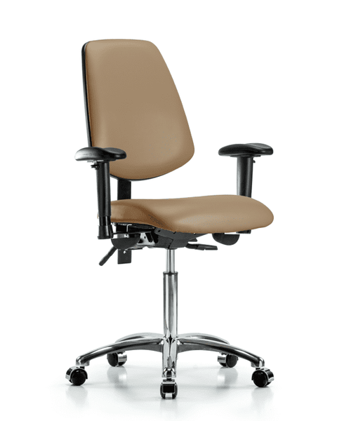 Vinyl Chair Chrome - Medium Bench Height with Medium Back, Adjustable Arms, & Casters in Taupe Trailblazer Vinyl - VMBCH-MB-CR-T0-A1-NF-CC-8584