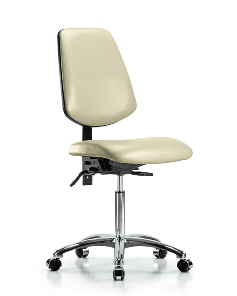 Vinyl Chair Chrome - Medium Bench Height with Medium Back, Seat Tilt, & Casters in Adobe White Trailblazer Vinyl - VMBCH-MB-CR-T1-A0-NF-CC-8501