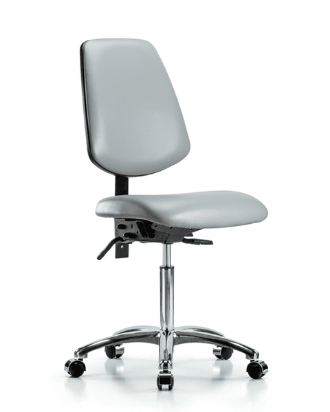 Vinyl Chair Chrome - Medium Bench Height with Medium Back, Seat Tilt, & Casters in Dove Trailblazer Vinyl - VMBCH-MB-CR-T1-A0-NF-CC-8567