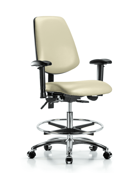 Vinyl Chair Chrome - Medium Bench Height with Medium Back, Seat Tilt, Adjustable Arms, Chrome Foot Ring, & Casters in Adobe White Trailblazer Vinyl - VMBCH-MB-CR-T1-A1-CF-CC-8501