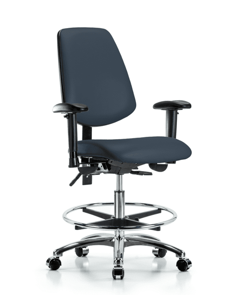 Vinyl Chair Chrome - Medium Bench Height with Medium Back, Seat Tilt, Adjustable Arms, Chrome Foot Ring, & Casters in Imperial Blue Trailblazer Vinyl - VMBCH-MB-CR-T1-A1-CF-CC-8582