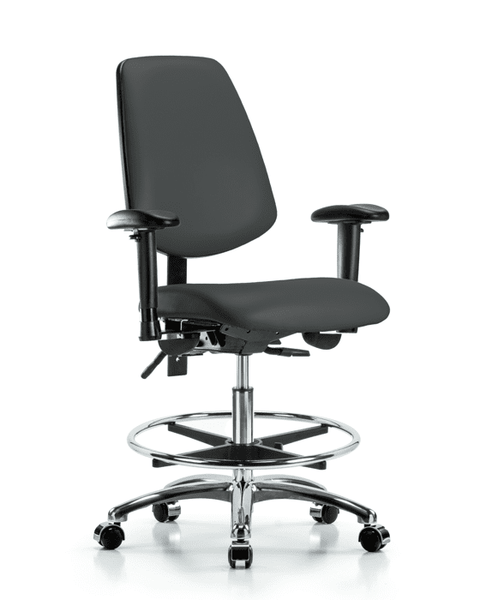 Vinyl Chair Chrome - Medium Bench Height with Medium Back, Seat Tilt, Adjustable Arms, Chrome Foot Ring, & Casters in Charcoal Trailblazer Vinyl - VMBCH-MB-CR-T1-A1-CF-CC-8605