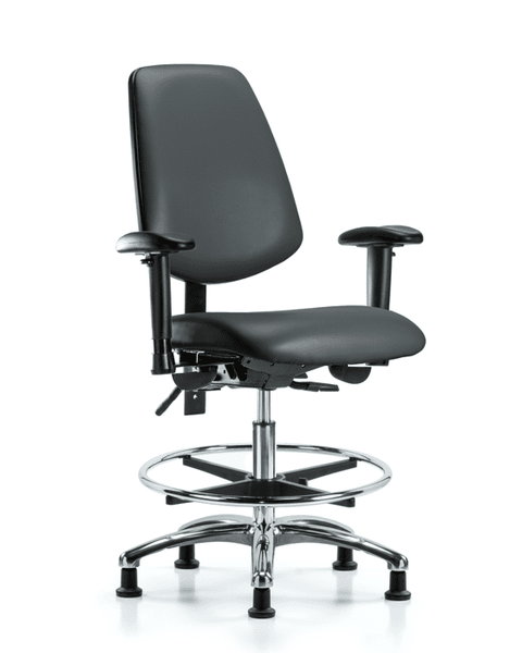 Vinyl Chair Chrome - Medium Bench Height with Medium Back, Seat Tilt, Adjustable Arms, Chrome Foot Ring, & Stationary Glides in Carbon Supernova Vinyl - VMBCH-MB-CR-T1-A1-CF-RG-8823