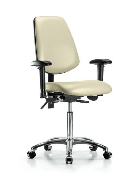 Vinyl Chair Chrome - Medium Bench Height with Medium Back, Seat Tilt, Adjustable Arms, & Casters in Adobe White Trailblazer Vinyl - VMBCH-MB-CR-T1-A1-NF-CC-8501