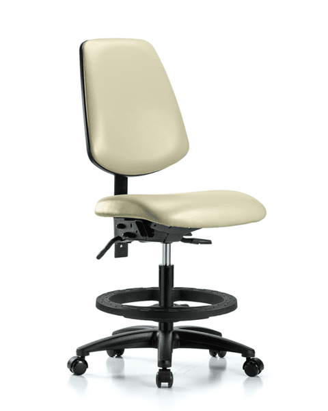Vinyl Chair - Medium Bench Height with Medium Back, Black Foot Ring, & Casters in Adobe White Trailblazer Vinyl - VMBCH-MB-RG-T0-A0-BF-RC-8501