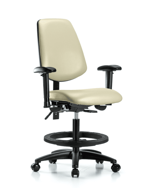 Vinyl Chair - Medium Bench Height with Medium Back, Adjustable Arms, Black Foot Ring, & Casters in Adobe White Trailblazer Vinyl - VMBCH-MB-RG-T0-A1-BF-RC-8501