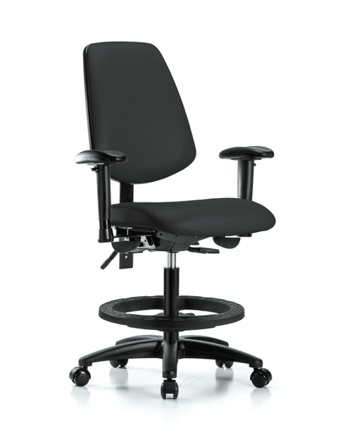 Vinyl Chair - Medium Bench Height with Medium Back, Adjustable Arms, Black Foot Ring, & Casters in Black Trailblazer Vinyl - VMBCH-MB-RG-T0-A1-BF-RC-8540