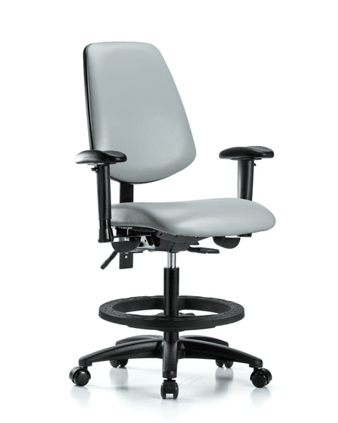 Vinyl Chair - Medium Bench Height with Medium Back, Adjustable Arms, Black Foot Ring, & Casters in Dove Trailblazer Vinyl - VMBCH-MB-RG-T0-A1-BF-RC-8567