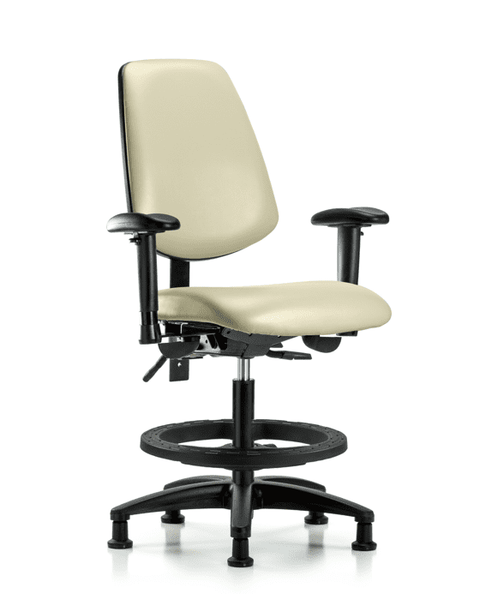 Vinyl Chair - Medium Bench Height with Medium Back, Adjustable Arms, Black Foot Ring, & Stationary Glides in Adobe White Trailblazer Vinyl - VMBCH-MB-RG-T0-A1-BF-RG-8501