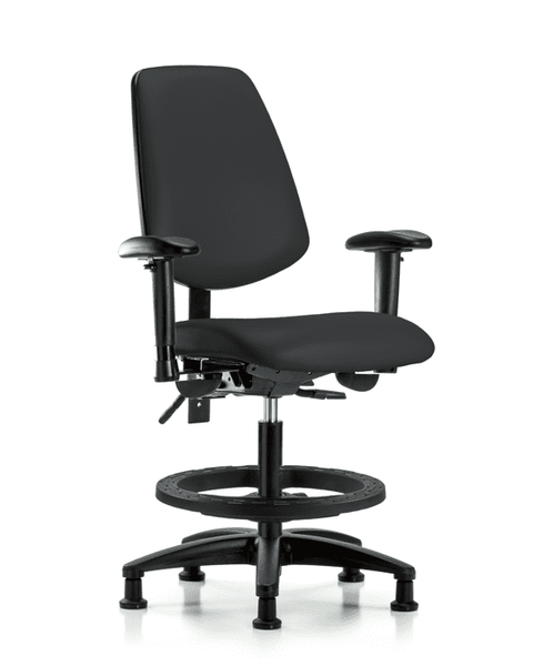 Vinyl Chair - Medium Bench Height with Medium Back, Adjustable Arms, Black Foot Ring, & Stationary Glides in Black Trailblazer Vinyl - VMBCH-MB-RG-T0-A1-BF-RG-8540