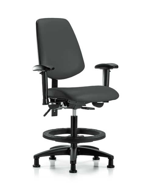 Vinyl Chair - Medium Bench Height with Medium Back, Adjustable Arms, Black Foot Ring, & Stationary Glides in Charcoal Trailblazer Vinyl - VMBCH-MB-RG-T0-A1-BF-RG-8605