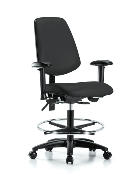 Vinyl Chair - Medium Bench Height with Medium Back, Adjustable Arms, Chrome Foot Ring, & Casters in Black Trailblazer Vinyl - VMBCH-MB-RG-T0-A1-CF-RC-8540