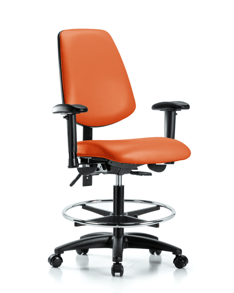 Vinyl Chair - Medium Bench Height with Medium Back, Adjustable Arms, Chrome Foot Ring, & Casters in Orange Kist Trailblazer Vinyl - VMBCH-MB-RG-T0-A1-CF-RC-8613